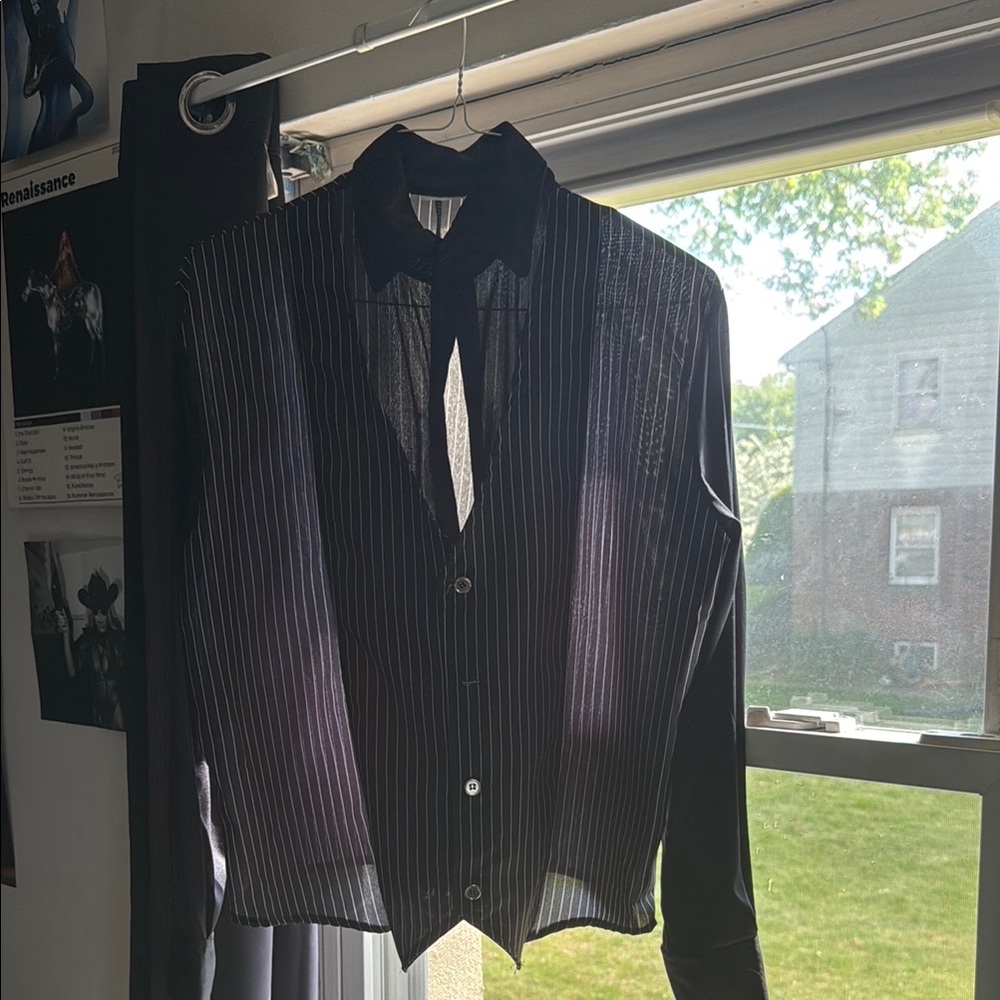 Black and White Striped Sheer Button-Up Shirt